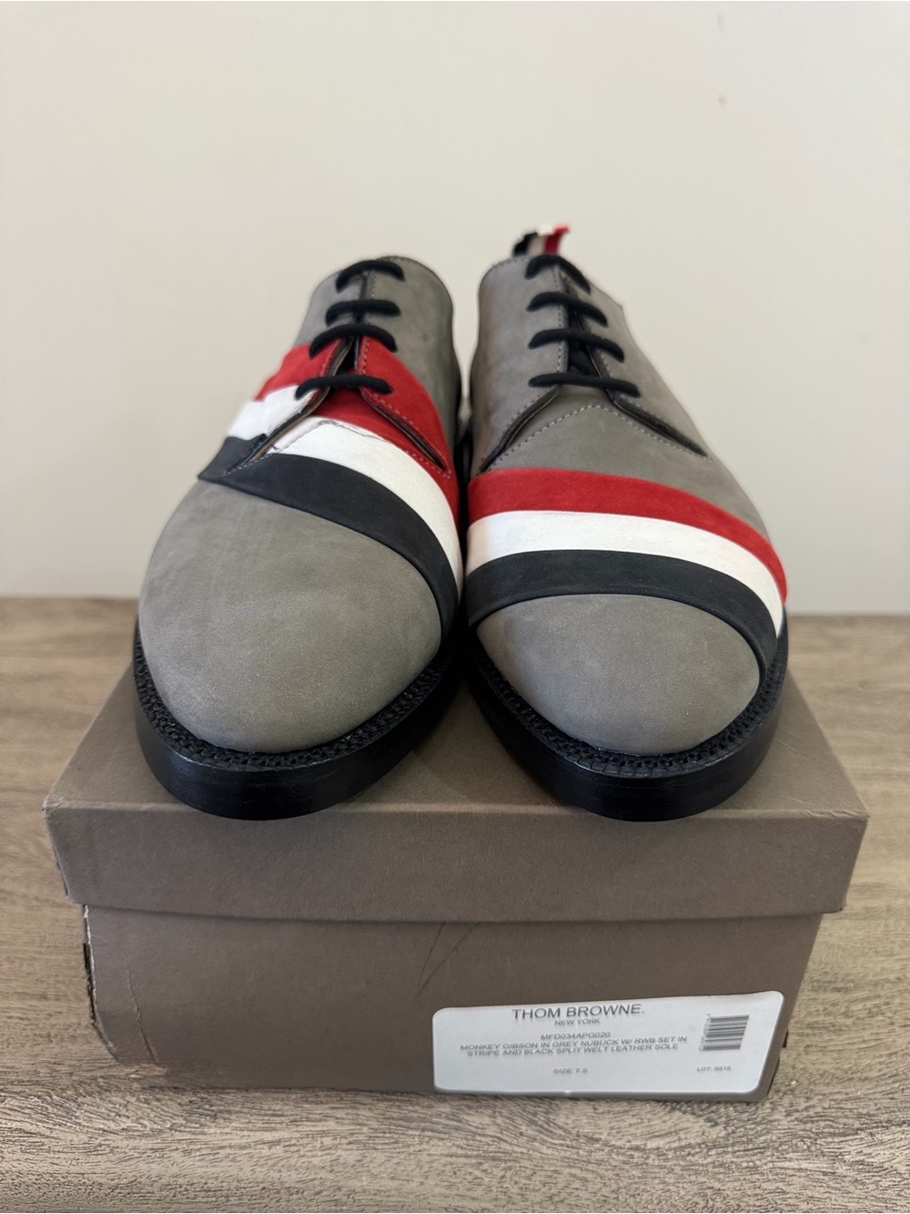 Thom Browne Gray Suede Oxfords with Red, White & Black Stripes